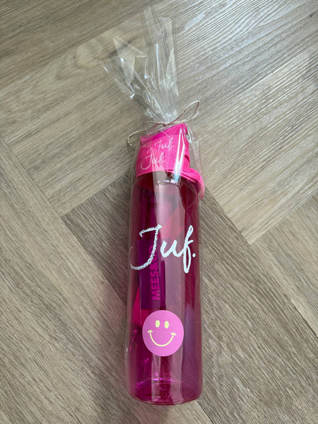 Cadeaupakket JUF. waterfles + keycord roze