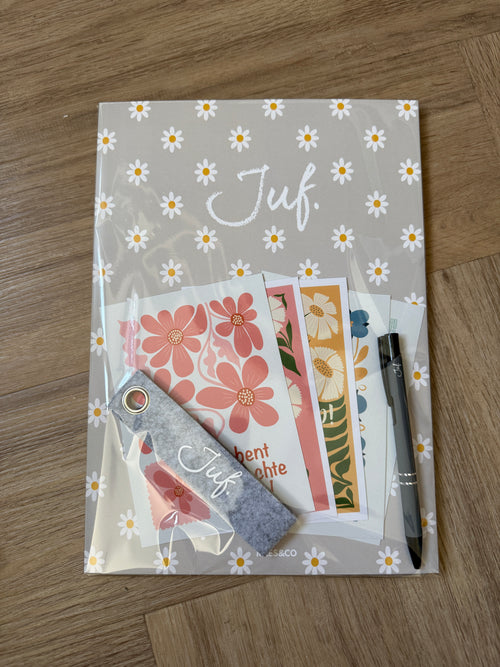 Cadeaupakket JUF. notitieblok + kaartenset + sleutelhanger + pen